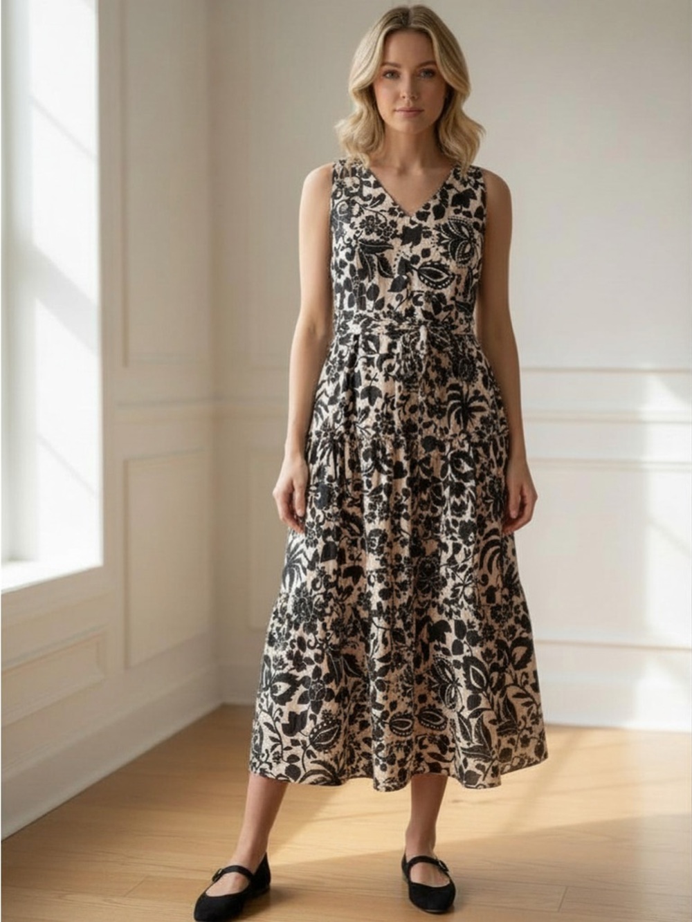 Ann Taylor Black and Cream Floral Sleeveless Maxi Dress